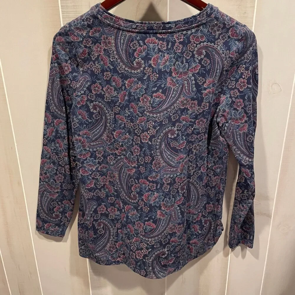 Cute cotton stretch Talbots navy floral paisley swirl long sleeve crew neck top - Picture 5 of 9